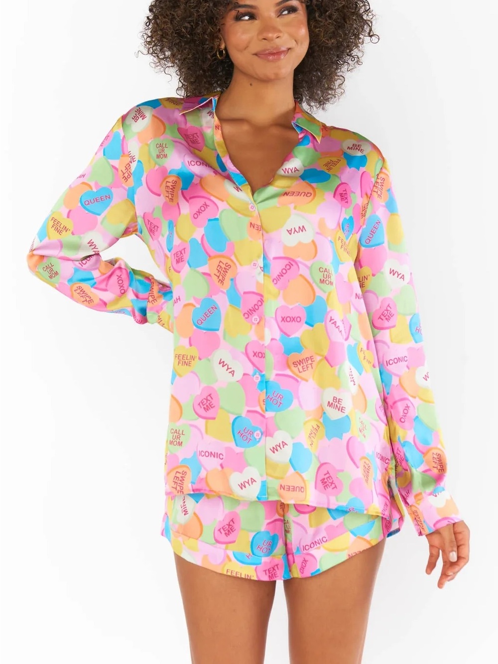Show Me Your Mumu Colorful Conversation Hearts Silky Pajama Set Sz S 💛🍄